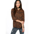 Leopard Print 3/4 Sleeve Blusa Top Mulheres Blusa